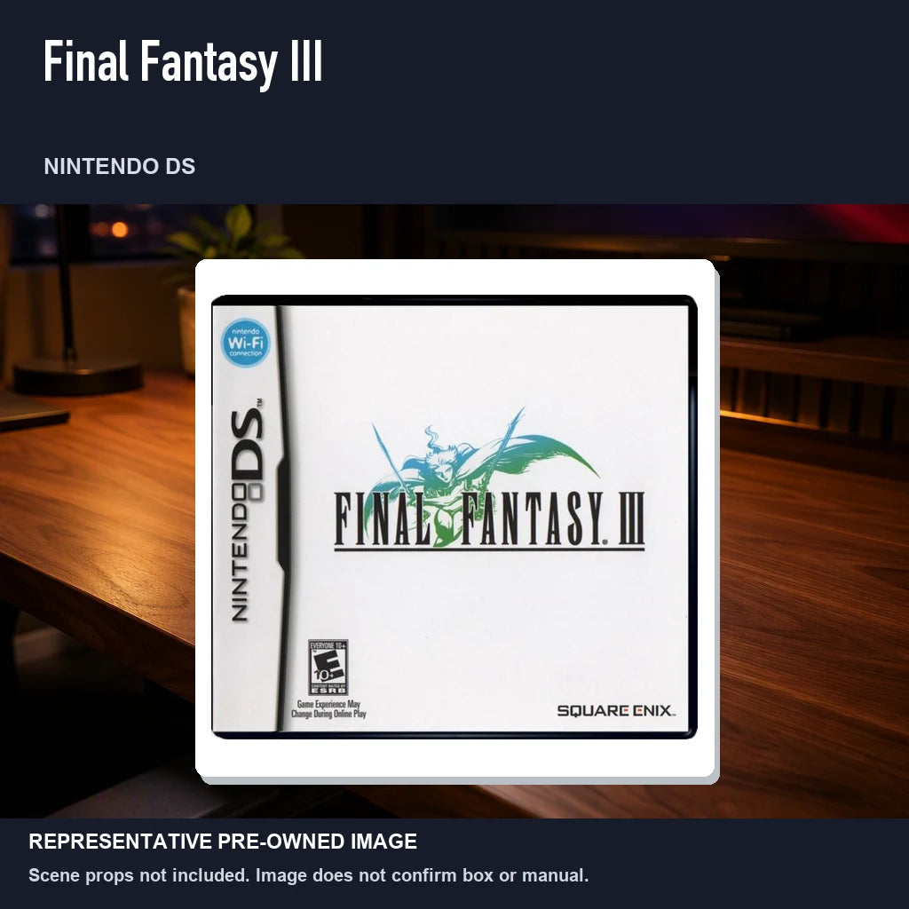 Representative pre-owned Final Fantasy III (Nintendo DS), product image in a styled desk scene.