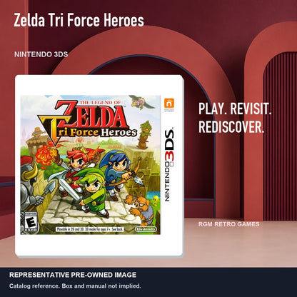 Representative pre-owned Zelda Tri Force Heroes (Nintendo 3DS), red retro product layout.