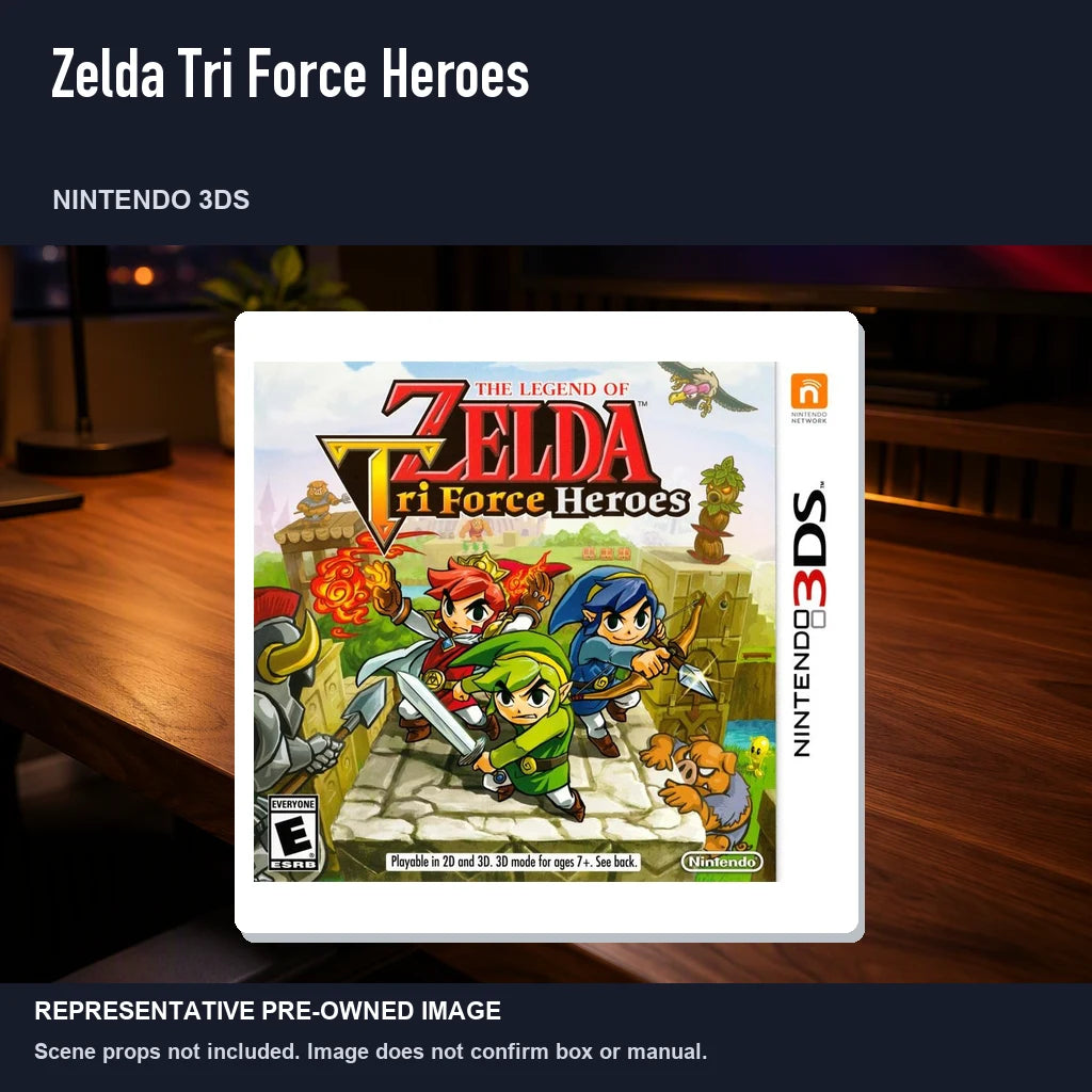 Representative pre-owned Zelda Tri Force Heroes (Nintendo 3DS), product image in a styled desk scene.