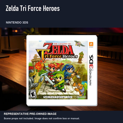 Representative pre-owned Zelda Tri Force Heroes (Nintendo 3DS), product image in a styled desk scene.