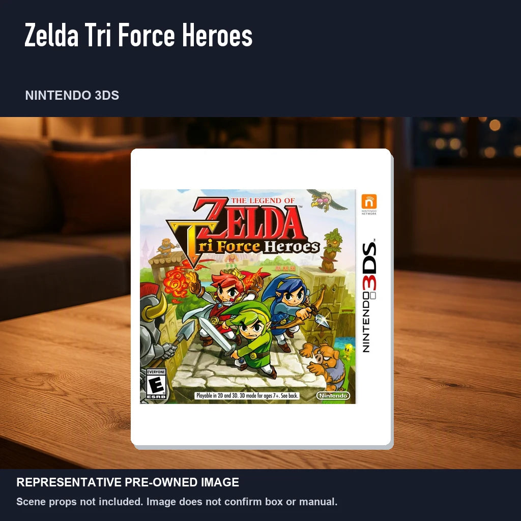 Representative pre-owned Zelda Tri Force Heroes (Nintendo 3DS), product image in a styled room scene.