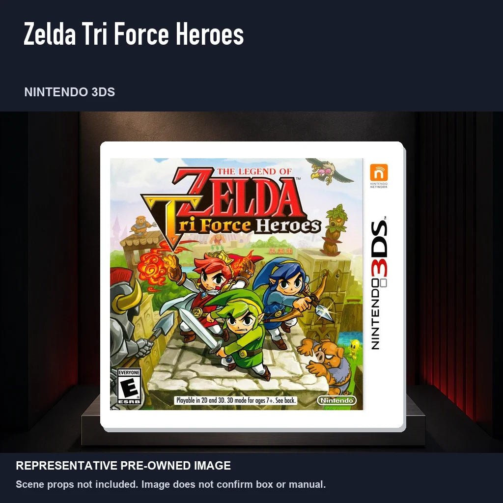 Representative pre-owned Zelda Tri Force Heroes (Nintendo 3DS), product image on a display panel.