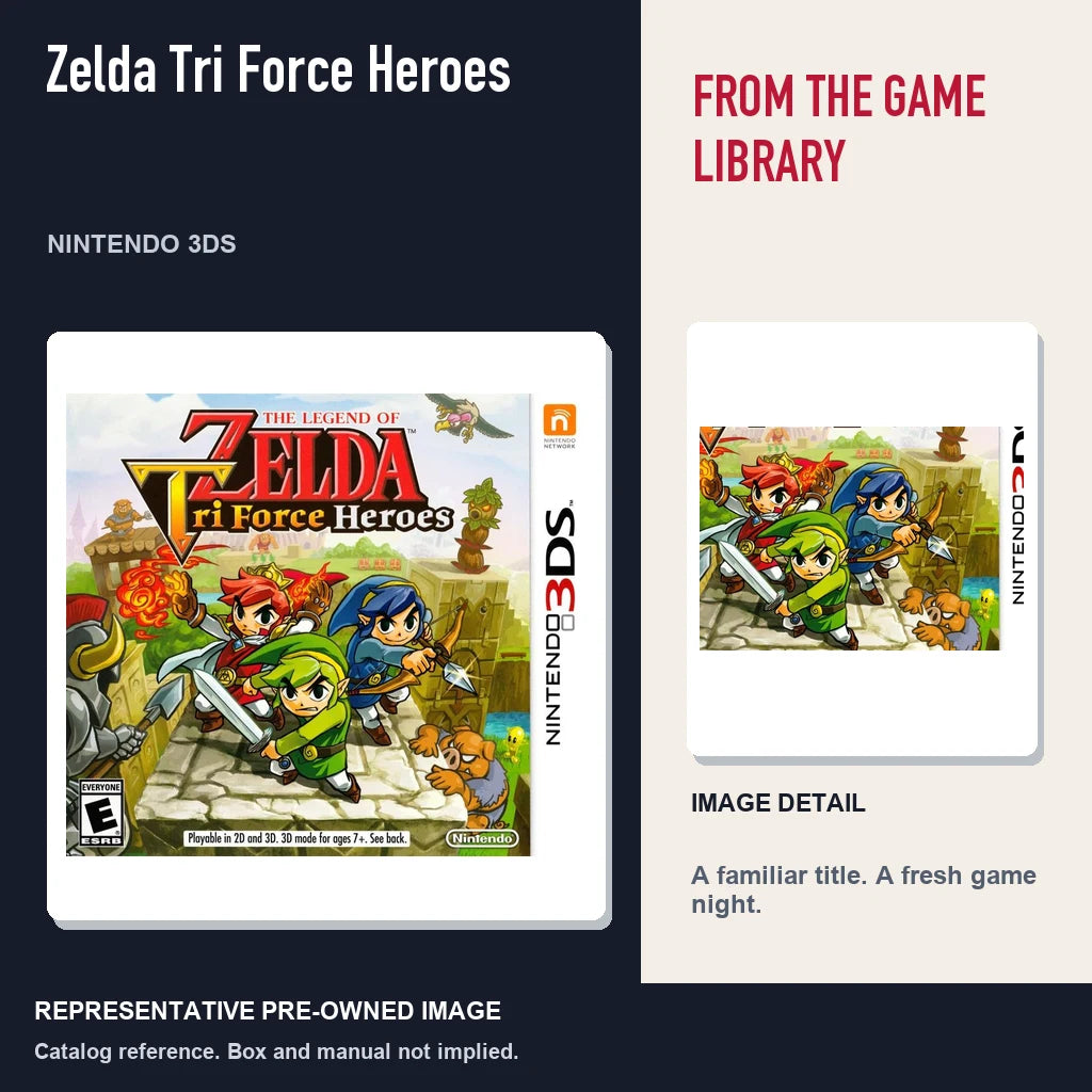 Representative pre-owned Zelda Tri Force Heroes (Nintendo 3DS), editorial image and detail.