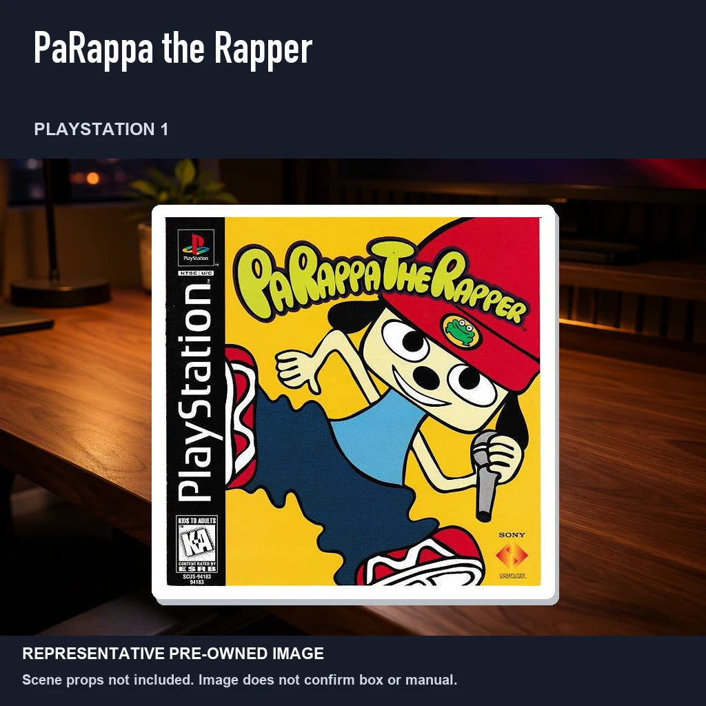 Representative pre-owned PaRappa the Rapper (PlayStation 1), product image in a styled desk scene.
