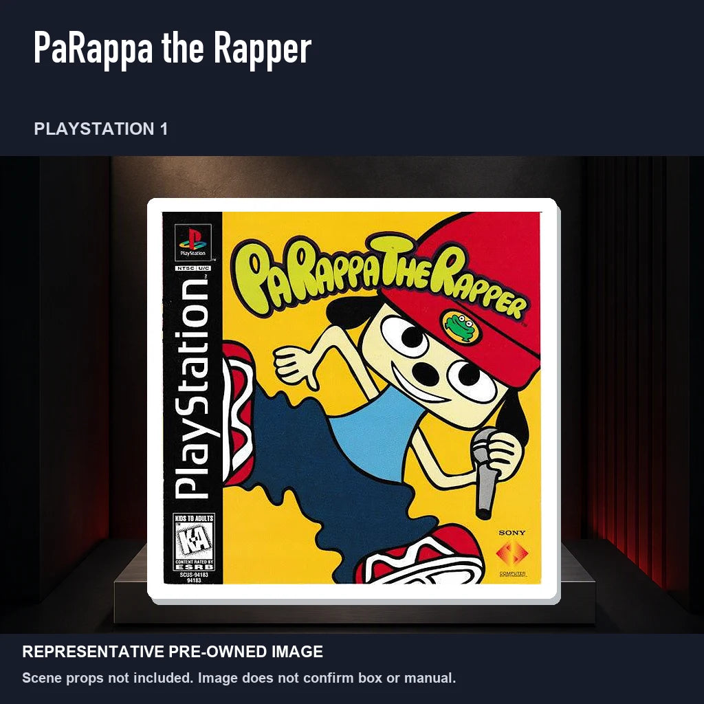 Representative pre-owned PaRappa the Rapper (PlayStation 1), product image on a display panel.