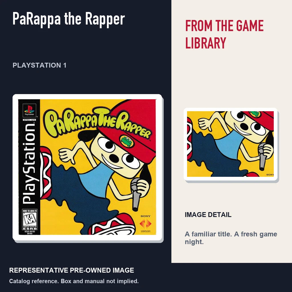 Representative pre-owned PaRappa the Rapper (PlayStation 1), editorial image and detail.