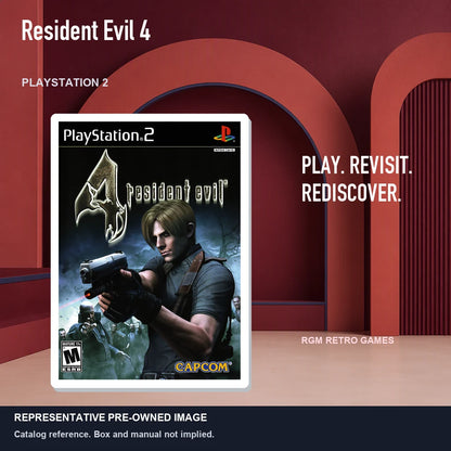 Representative pre-owned Resident Evil 4 (PlayStation 2), red retro product layout.