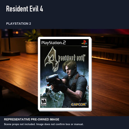 Representative pre-owned Resident Evil 4 (PlayStation 2), product image in a styled desk scene.