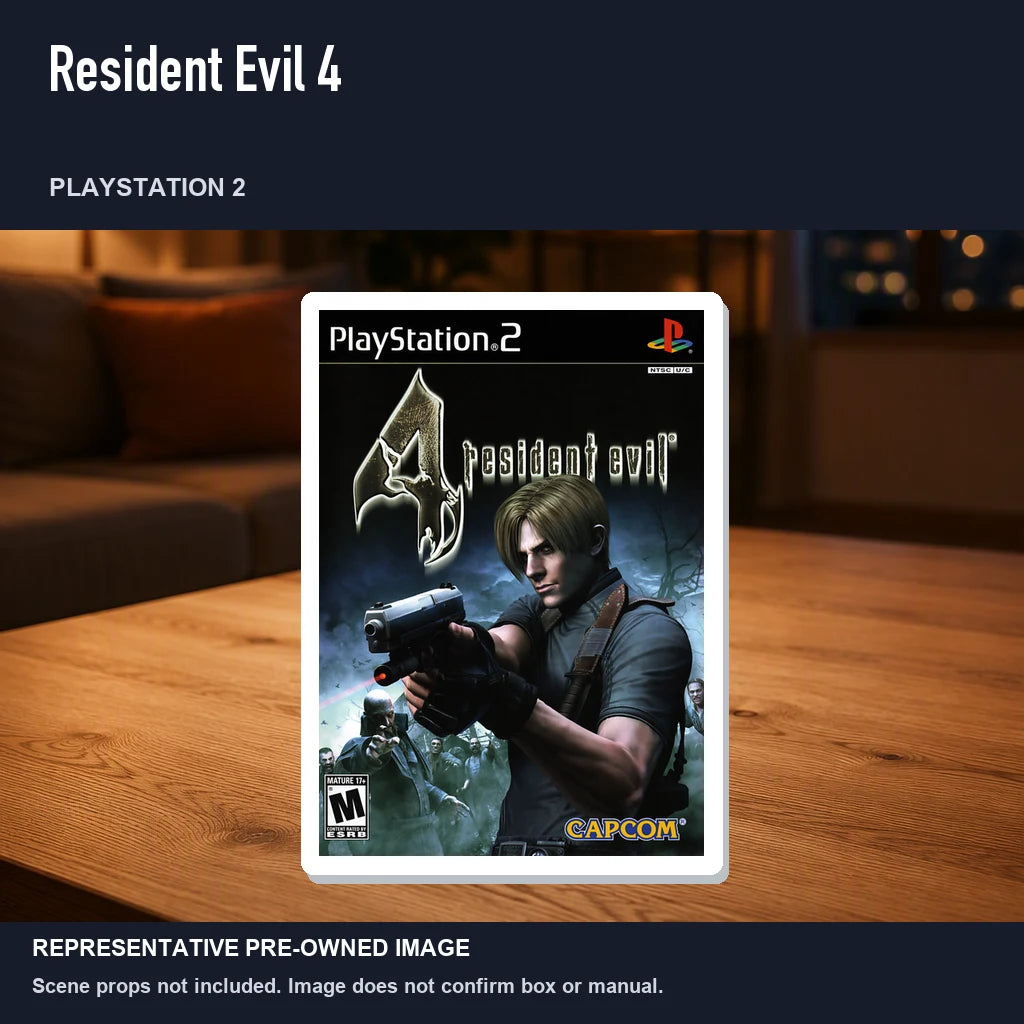 Representative pre-owned Resident Evil 4 (PlayStation 2), product image in a styled room scene.