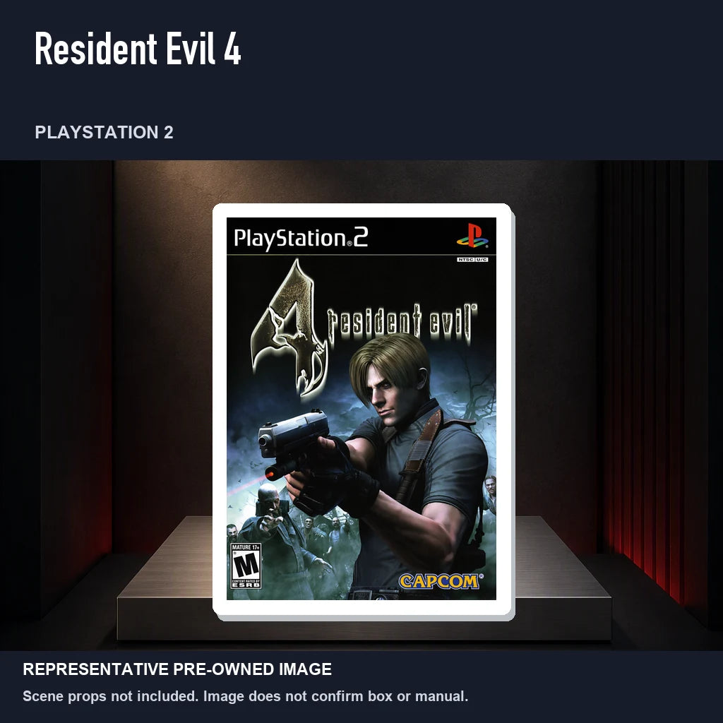 Representative pre-owned Resident Evil 4 (PlayStation 2), product image on a display panel.