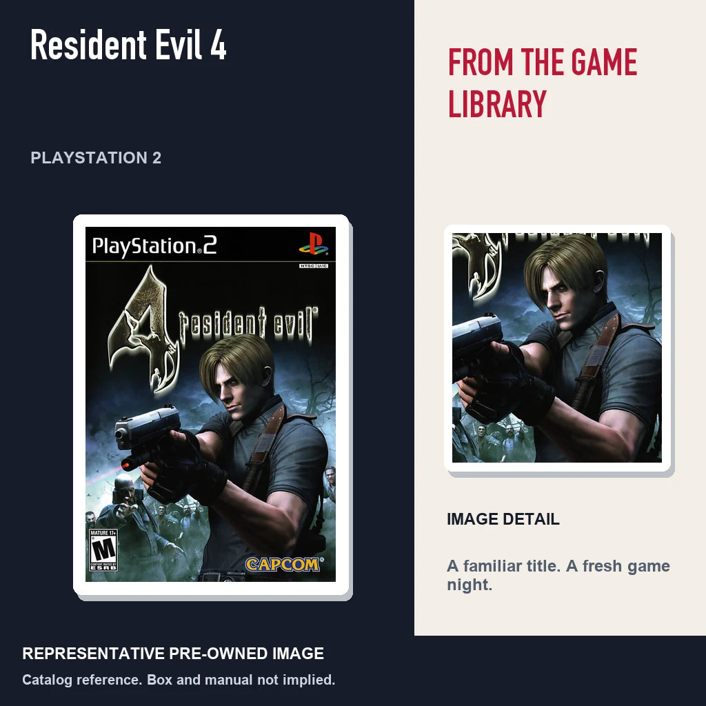 Representative pre-owned Resident Evil 4 (PlayStation 2), editorial image and detail.