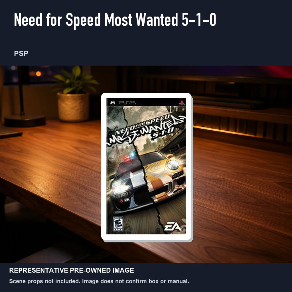 Representative pre-owned Need for Speed Most Wanted 5-1-0 (PSP), product image in a styled desk scene.