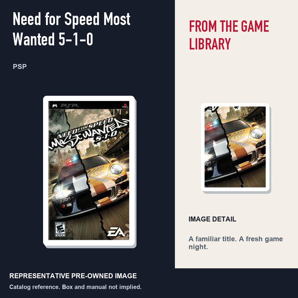 Representative pre-owned Need for Speed Most Wanted 5-1-0 (PSP), editorial image and detail.