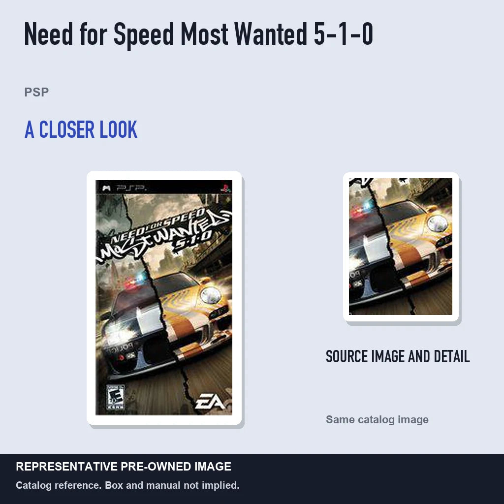 Representative pre-owned Need for Speed Most Wanted 5-1-0 (PSP), full image with detail inset.