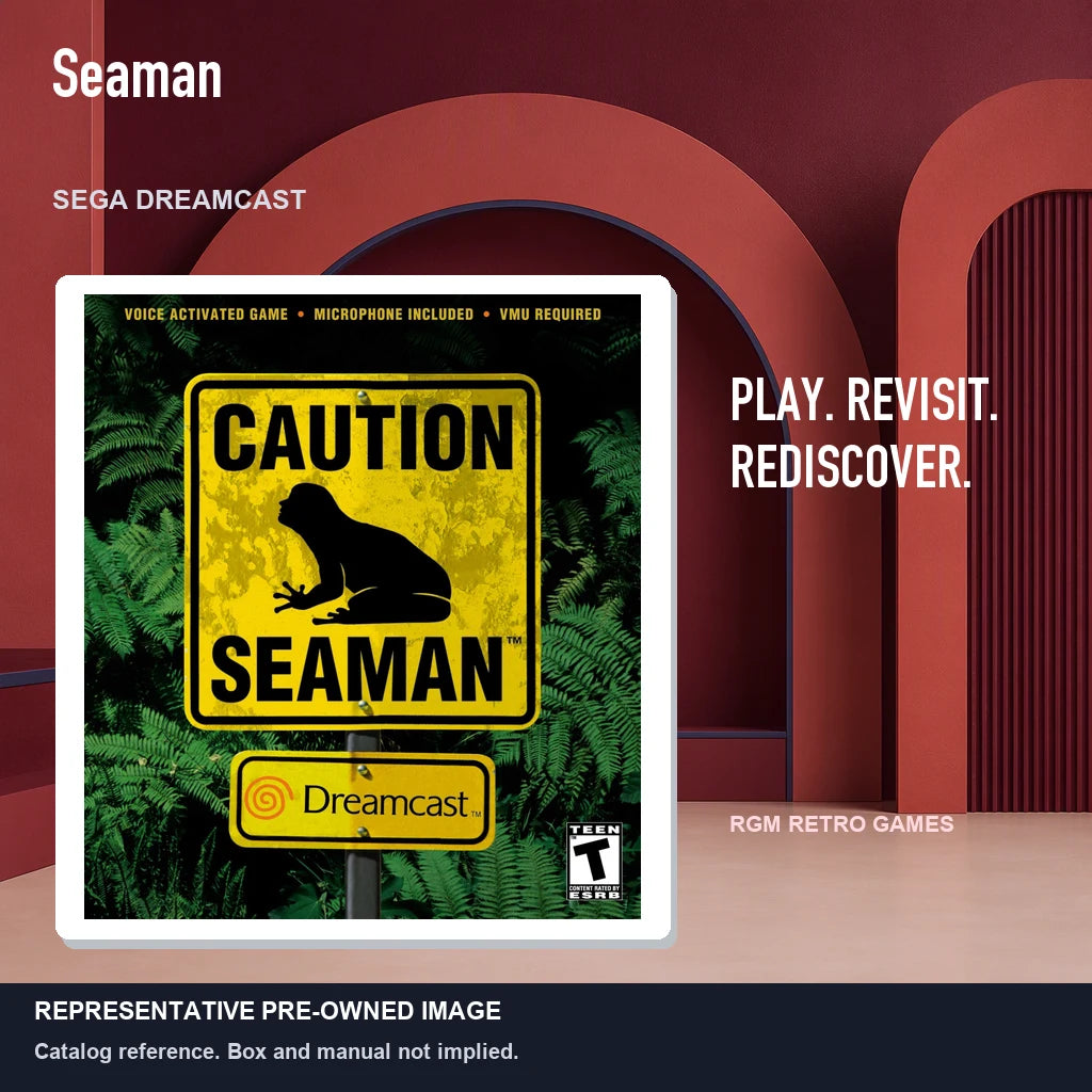 Representative pre-owned Seaman (Sega Dreamcast), red retro product layout.