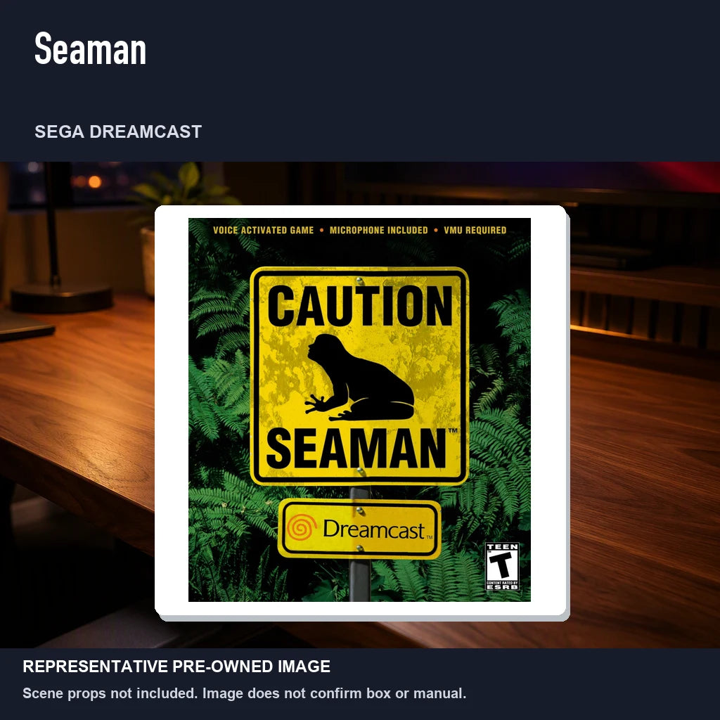 Representative pre-owned Seaman (Sega Dreamcast), product image in a styled desk scene.