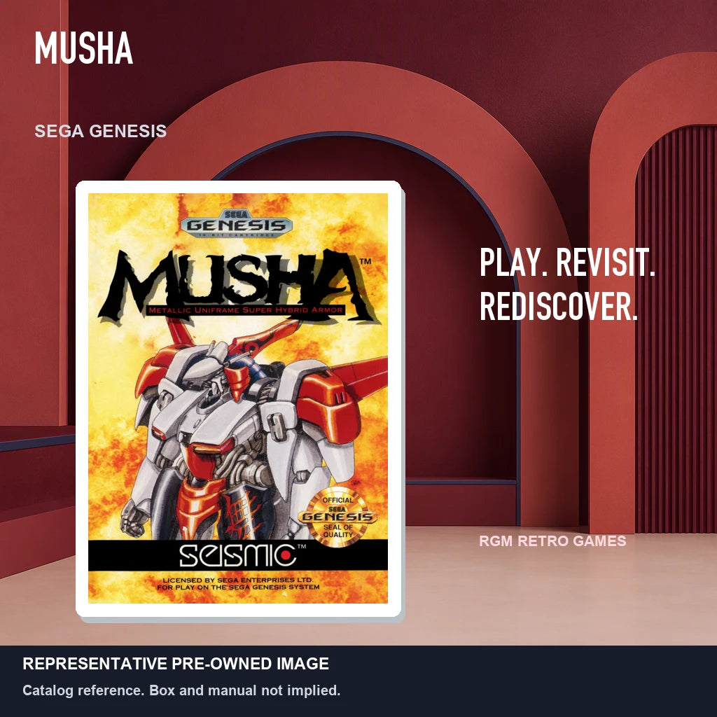 Representative pre-owned MUSHA (Sega Genesis), red retro product layout.