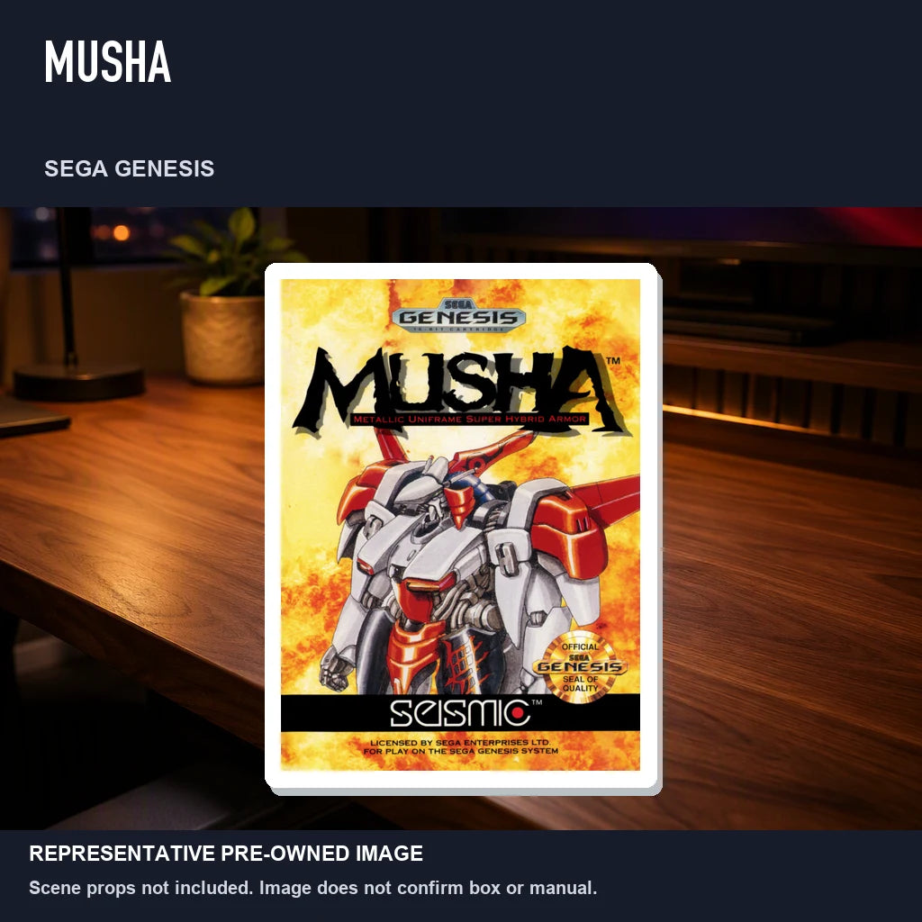 Representative pre-owned MUSHA (Sega Genesis), product image in a styled desk scene.