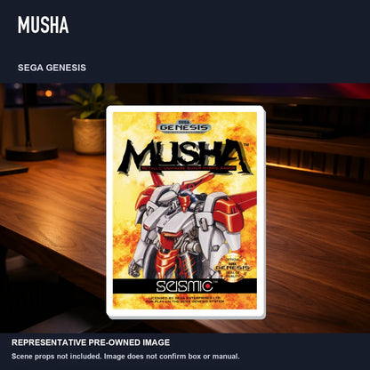 Representative pre-owned MUSHA (Sega Genesis), product image in a styled desk scene.