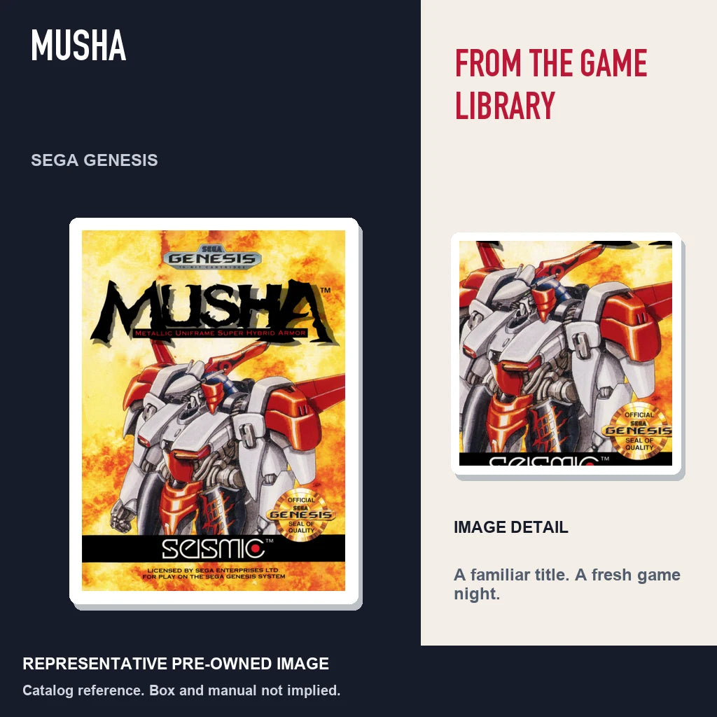 Representative pre-owned MUSHA (Sega Genesis), editorial image and detail.