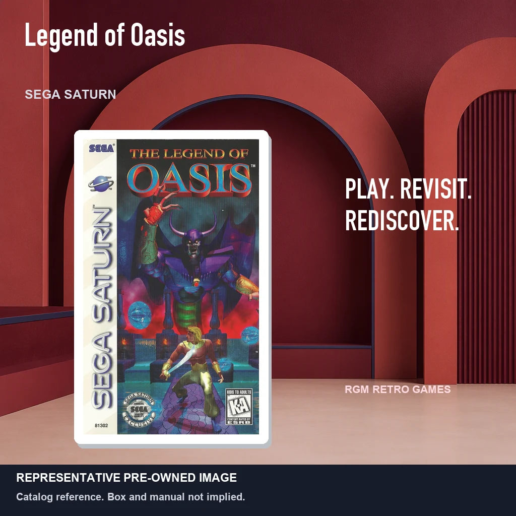 Representative pre-owned Legend of Oasis (Sega Saturn), red retro product layout.