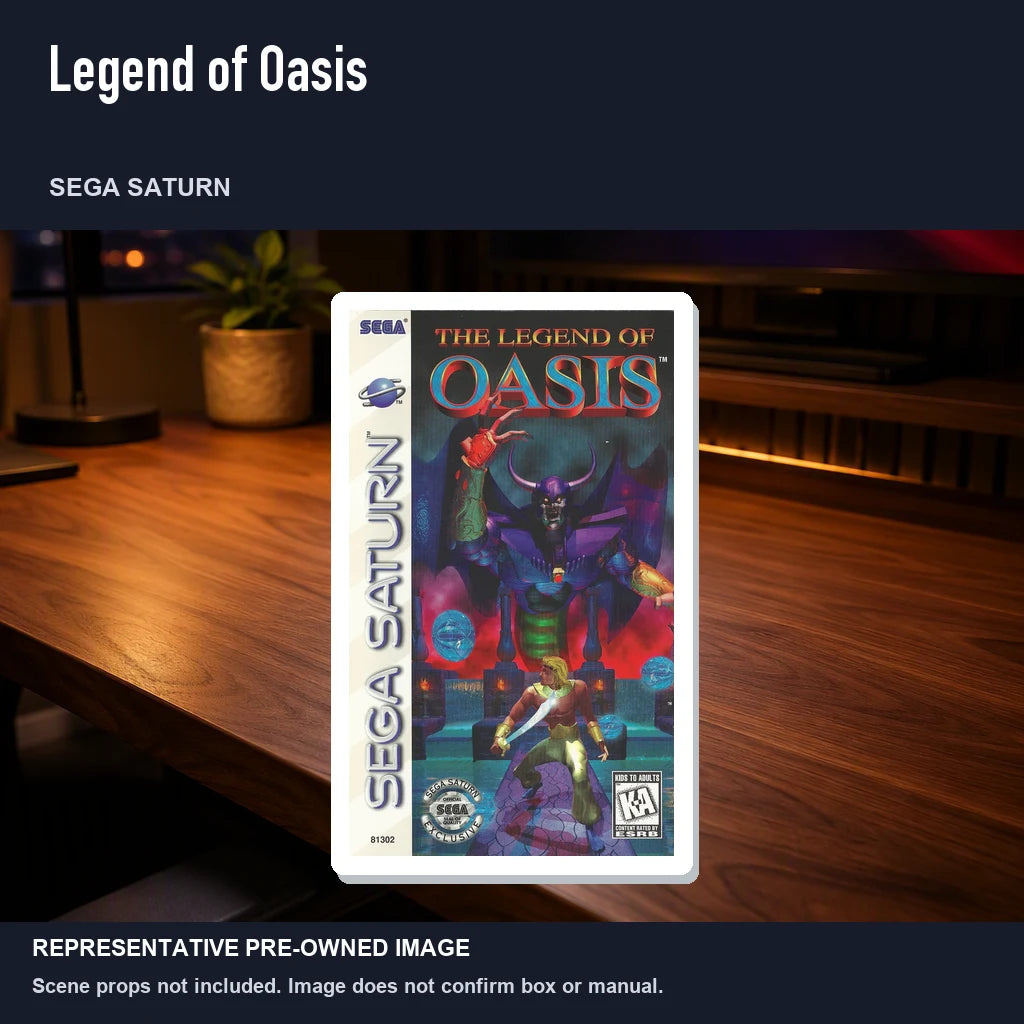 Representative pre-owned Legend of Oasis (Sega Saturn), product image in a styled desk scene.