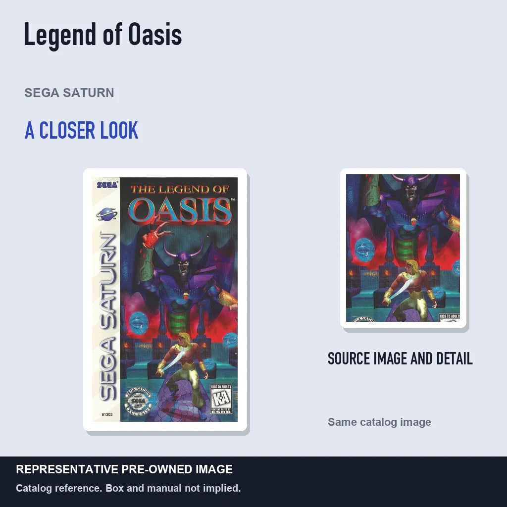 Representative pre-owned Legend of Oasis (Sega Saturn), full image with detail inset.