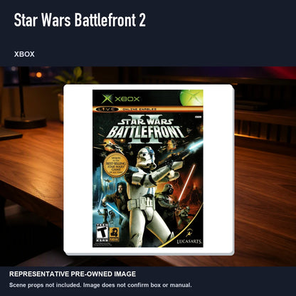 Representative pre-owned Star Wars Battlefront 2 (Xbox), product image in a styled desk scene.
