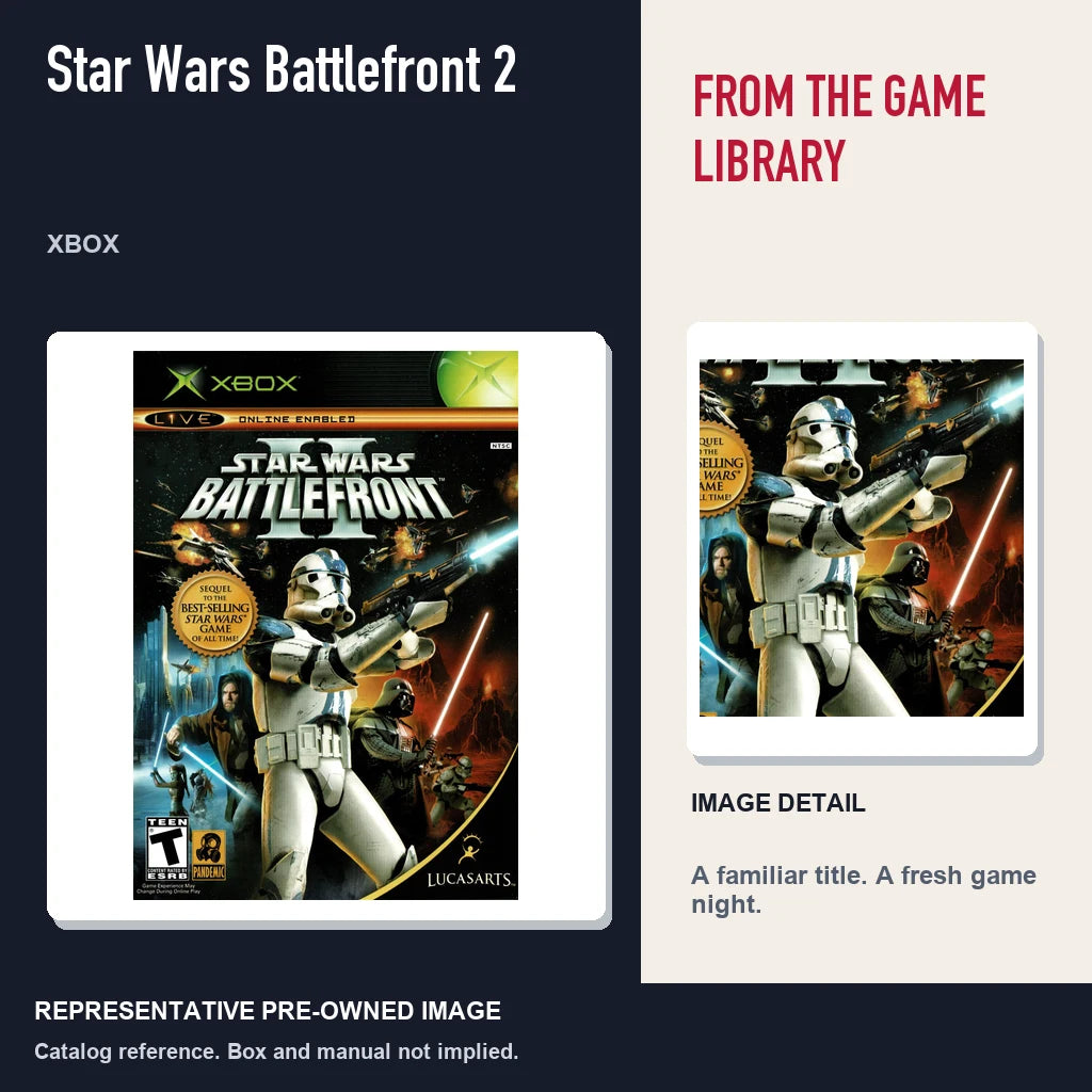 Representative pre-owned Star Wars Battlefront 2 (Xbox), editorial image and detail.
