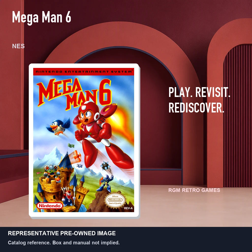 Representative pre-owned Mega Man 6 (NES), red retro product layout.
