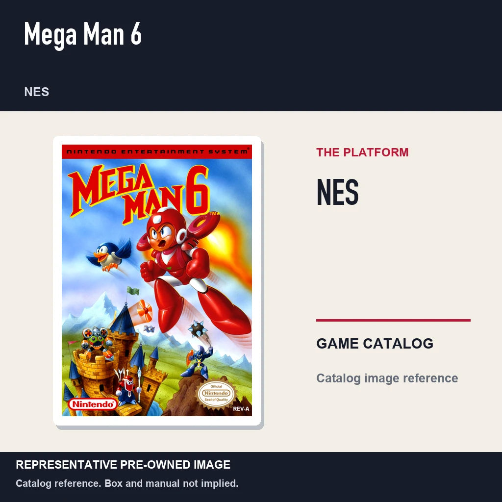 Representative pre-owned Mega Man 6 (NES), platform product layout.