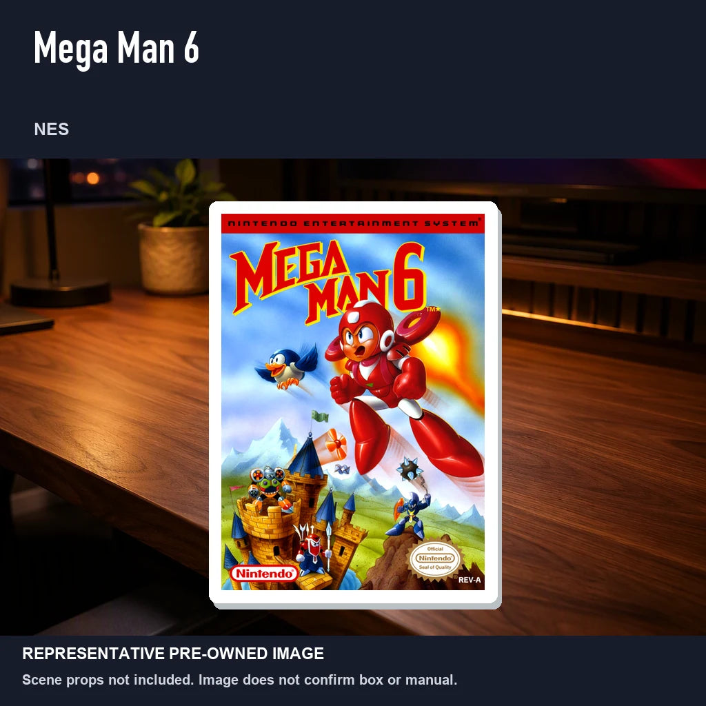 Representative pre-owned Mega Man 6 (NES), product image in a styled desk scene.