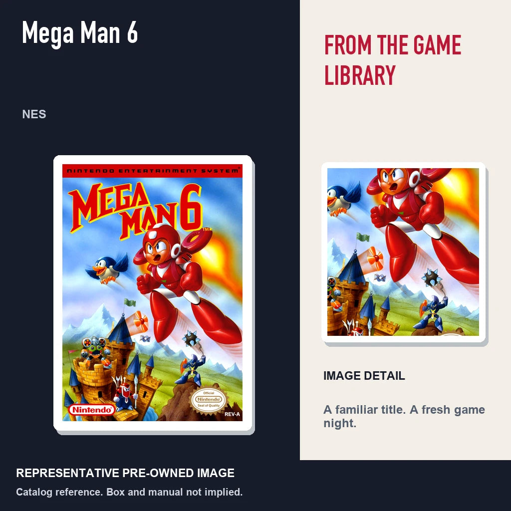 Representative pre-owned Mega Man 6 (NES), editorial image and detail.