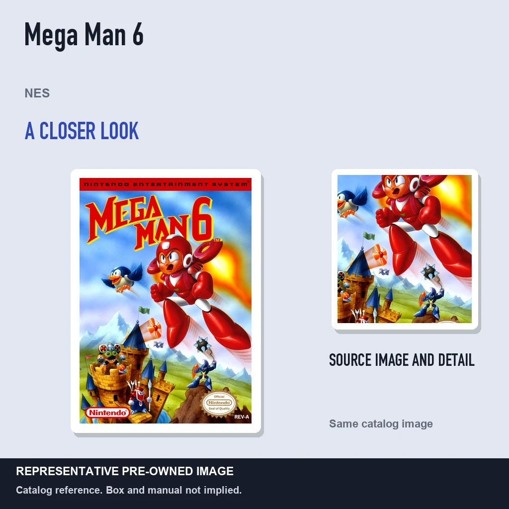 Representative pre-owned Mega Man 6 (NES), full image with detail inset.