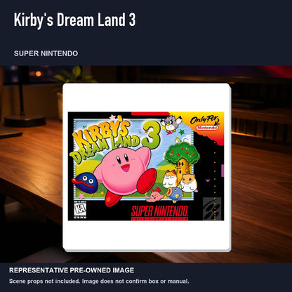 Representative pre-owned Kirby's Dream Land 3 (Super Nintendo), product image in a styled desk scene.