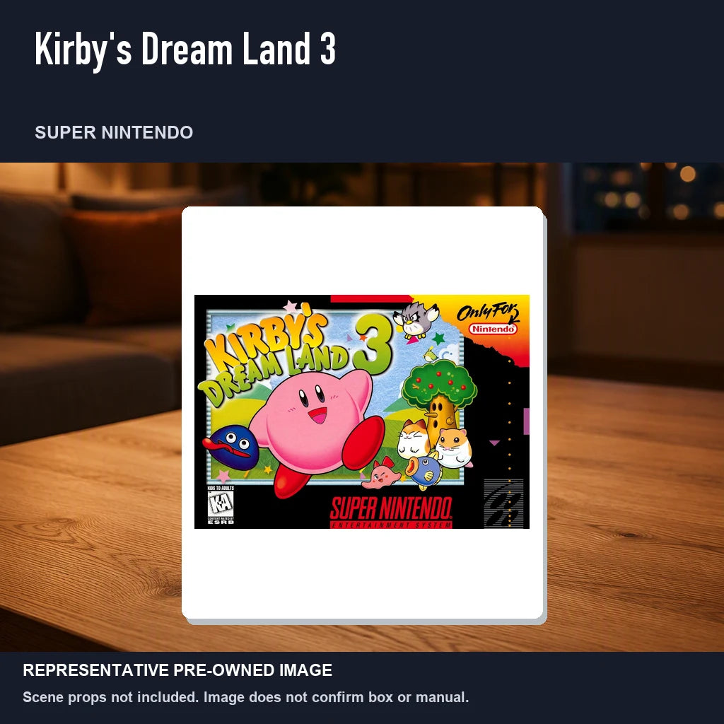 Representative pre-owned Kirby's Dream Land 3 (Super Nintendo), product image in a styled room scene.