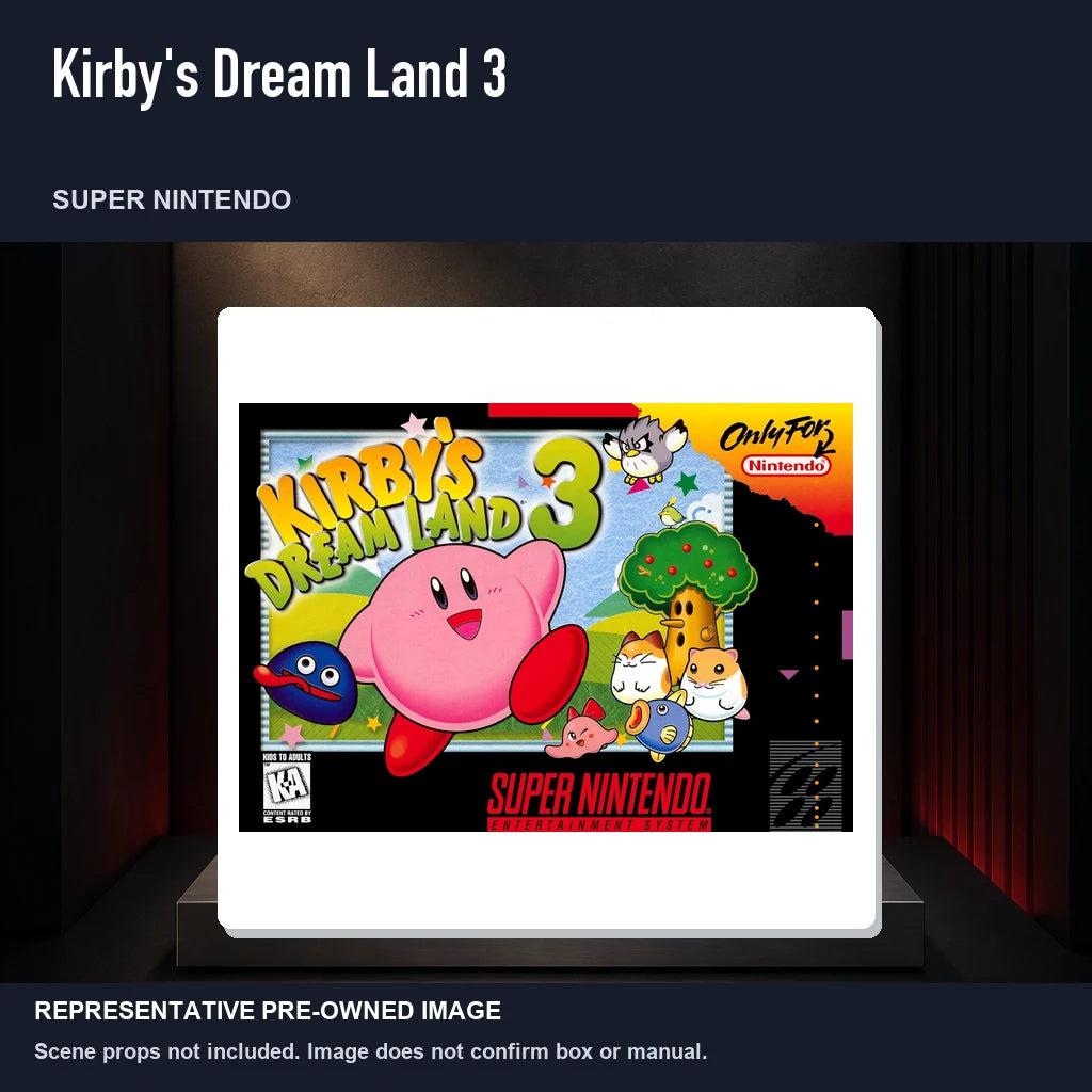 Representative pre-owned Kirby's Dream Land 3 (Super Nintendo), product image on a display panel.