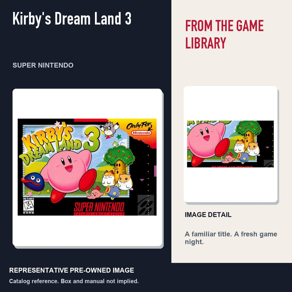 Representative pre-owned Kirby's Dream Land 3 (Super Nintendo), editorial image and detail.