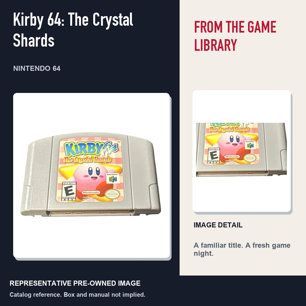 Representative pre-owned Kirby 64: The Crystal Shards (Nintendo 64), editorial image and detail.