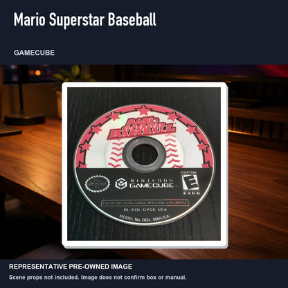 Representative pre-owned Mario Superstar Baseball (GameCube), product image in a styled desk scene.