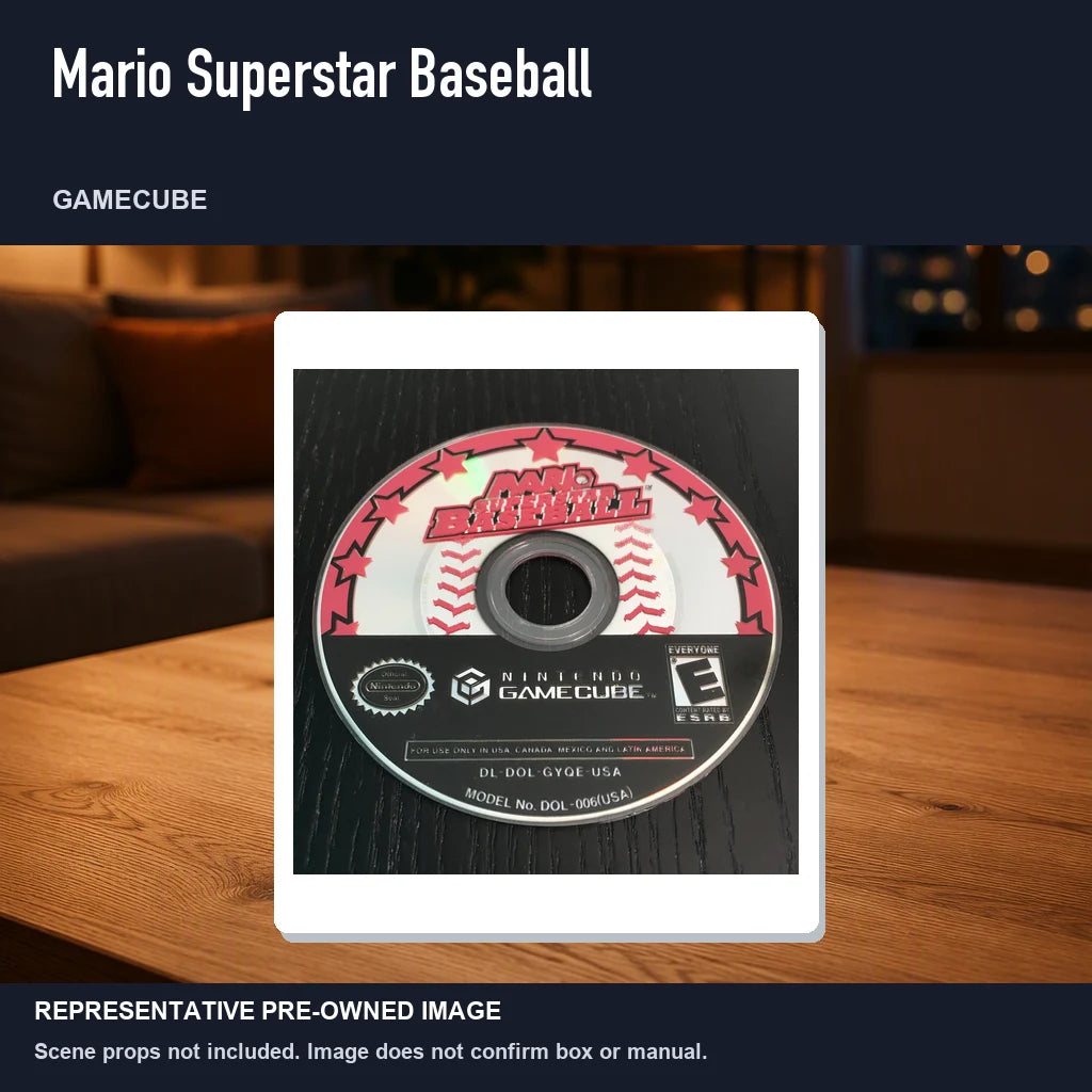 Representative pre-owned Mario Superstar Baseball (GameCube), product image in a styled room scene.
