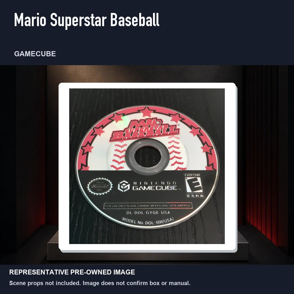 Representative pre-owned Mario Superstar Baseball (GameCube), product image on a display panel.