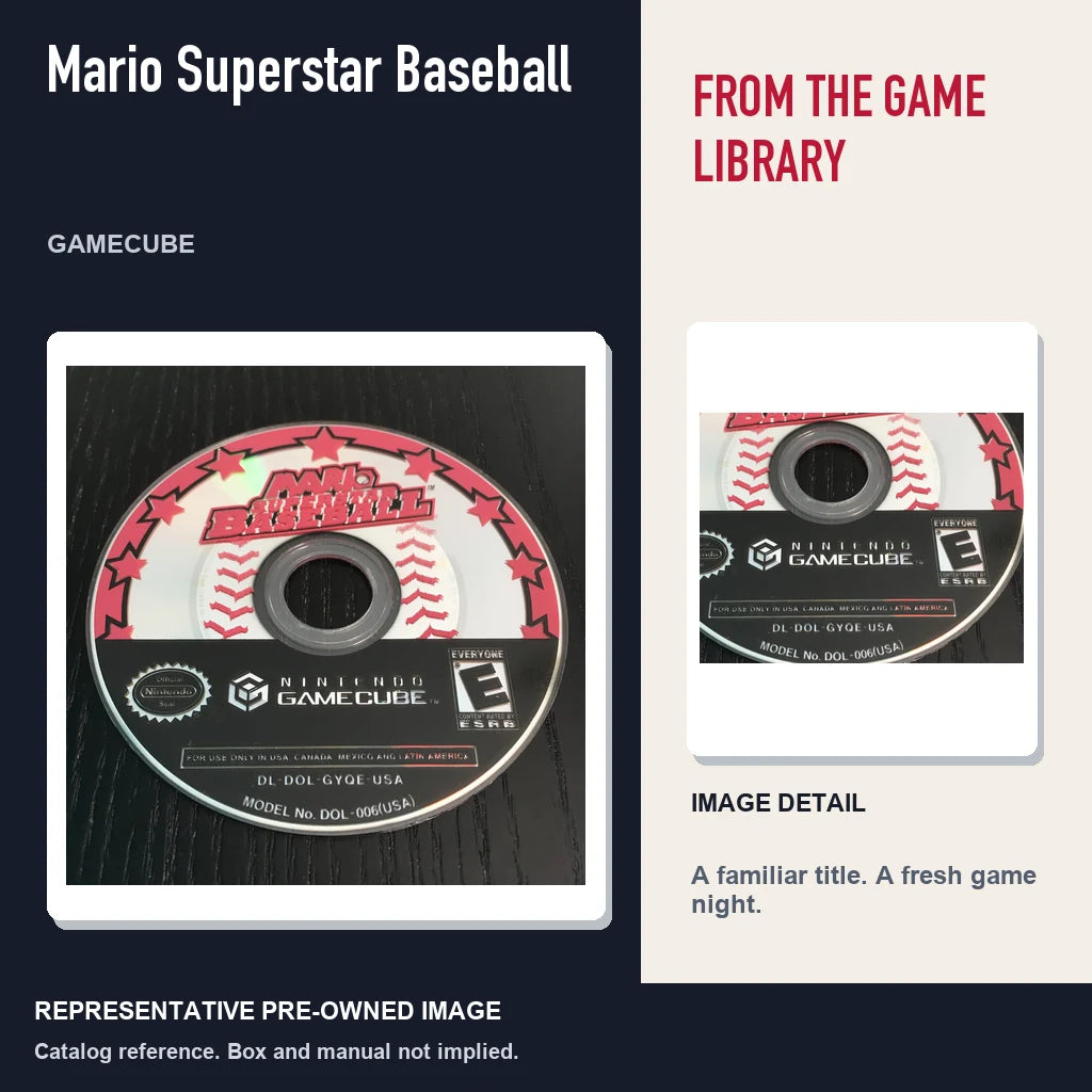 Representative pre-owned Mario Superstar Baseball (GameCube), editorial image and detail.