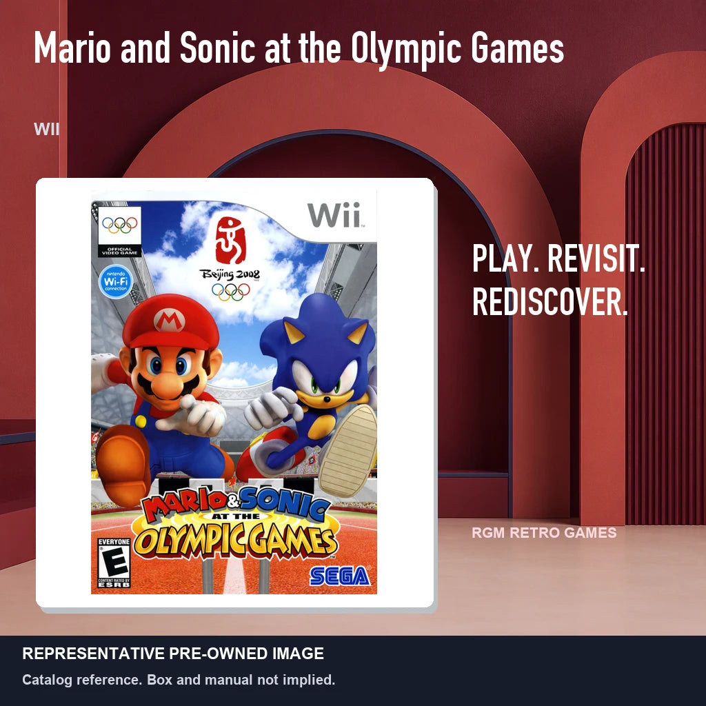 Representative pre-owned Mario and Sonic at the Olympic Games (Wii), red retro product layout.