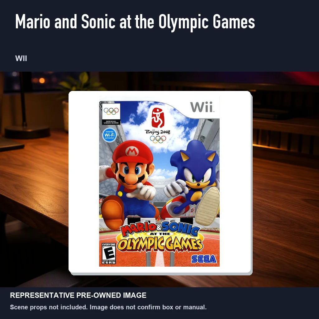 Representative pre-owned Mario and Sonic at the Olympic Games (Wii), product image in a styled desk scene.