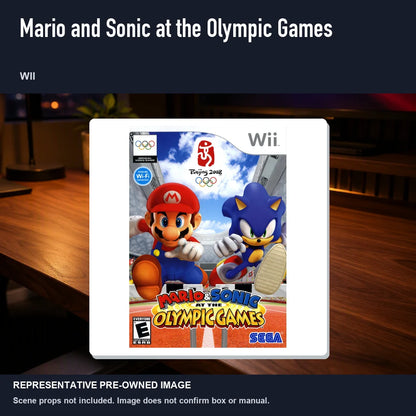 Representative pre-owned Mario and Sonic at the Olympic Games (Wii), product image in a styled desk scene.