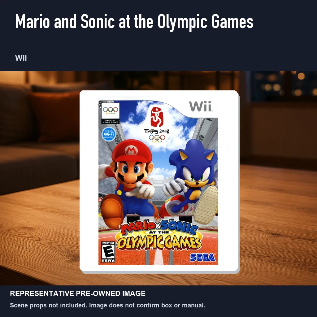 Representative pre-owned Mario and Sonic at the Olympic Games (Wii), product image in a styled room scene.
