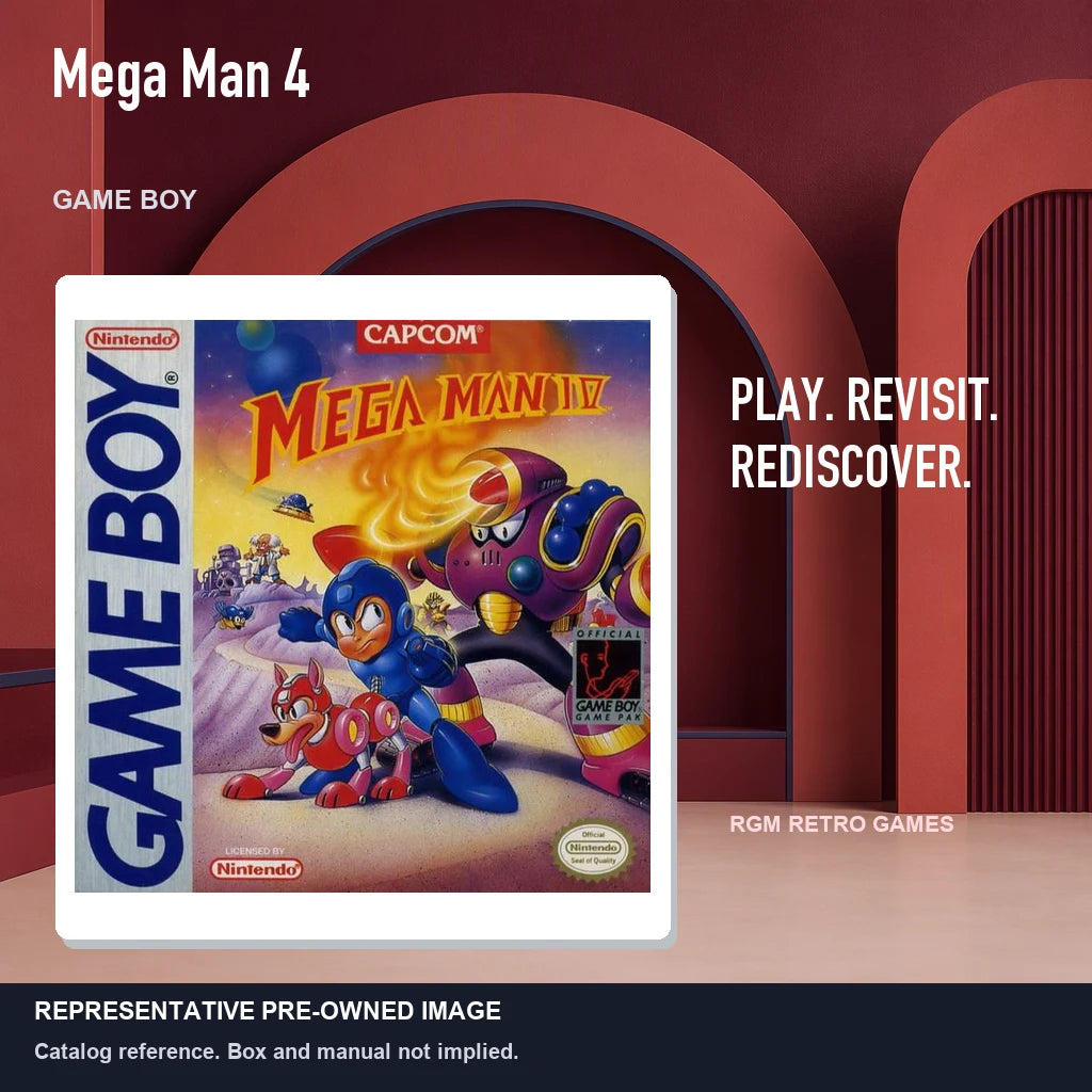 Representative pre-owned Mega Man 4 (Game Boy), red retro product layout.