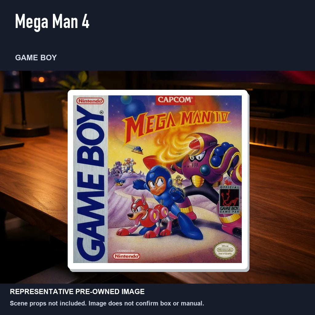 Representative pre-owned Mega Man 4 (Game Boy), product image in a styled desk scene.