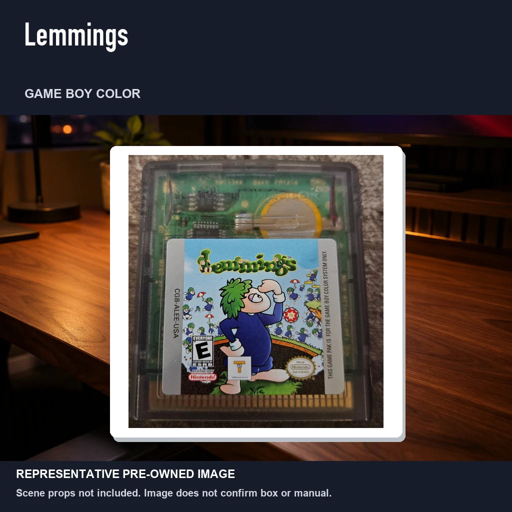 Representative pre-owned Lemmings (Game Boy Color), product image in a styled desk scene.